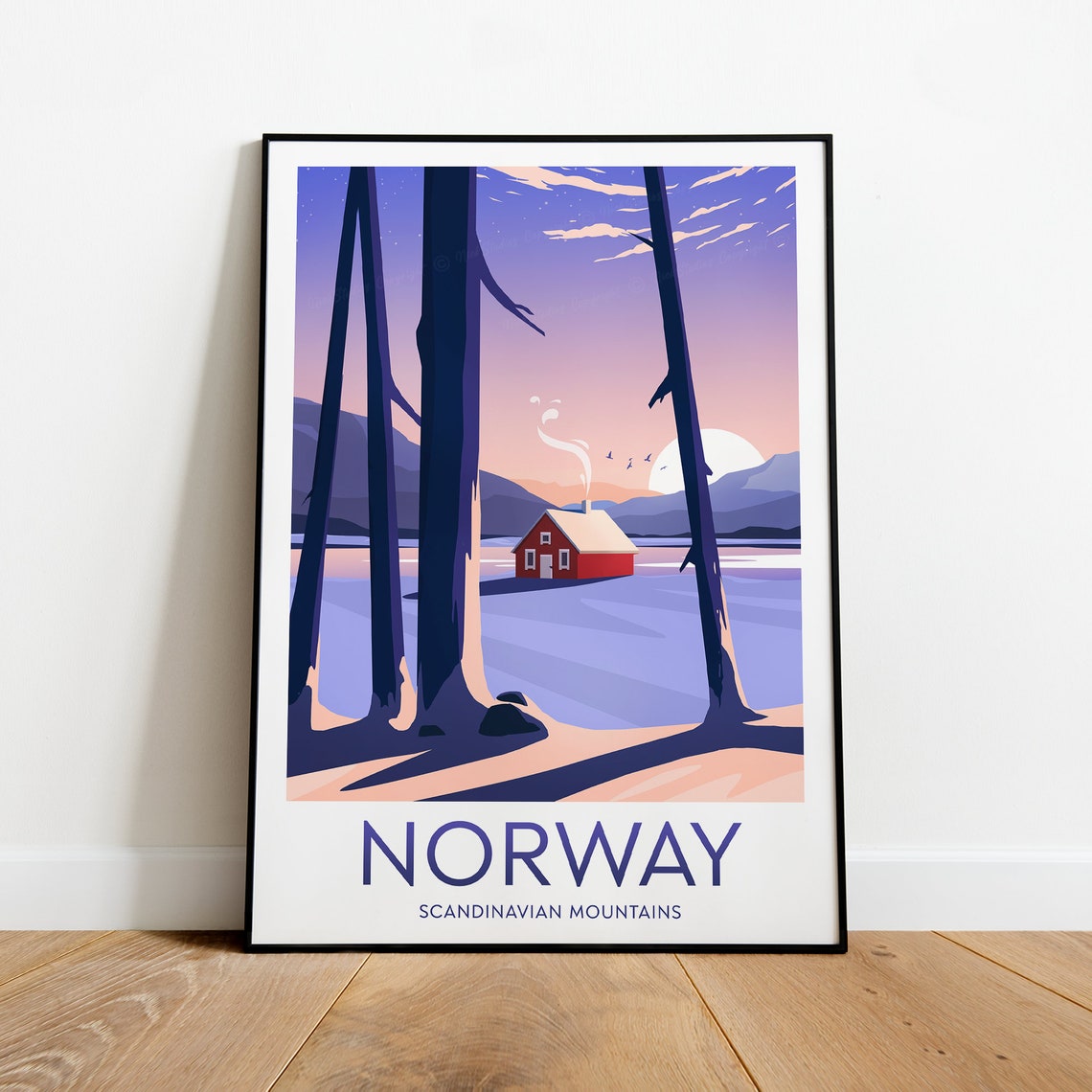 Norway Scandinavian Mountains Snowy Cabin Dusk Travel Poster - Image 2