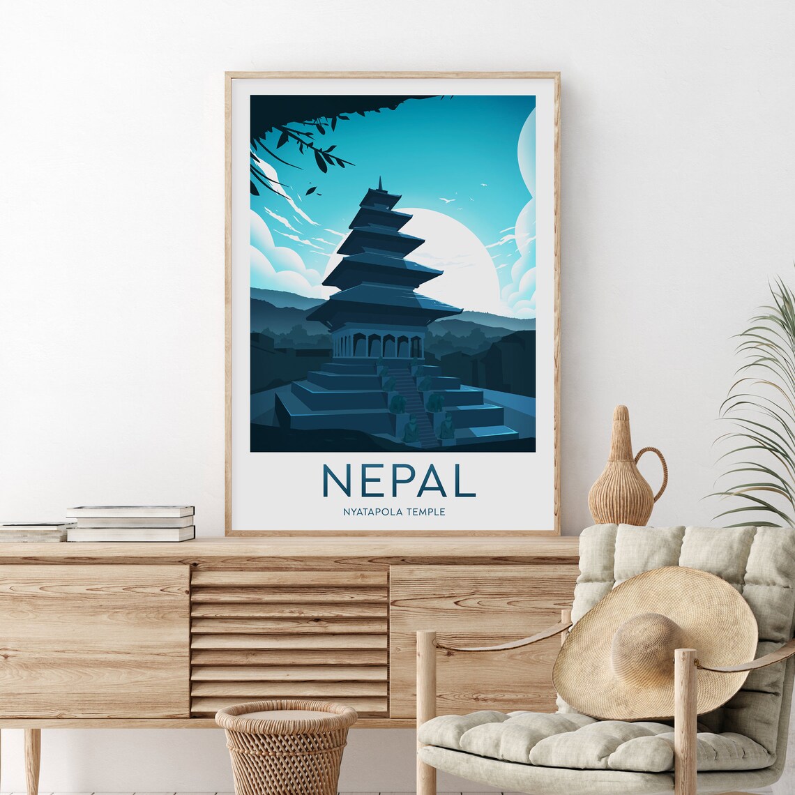 Nepal Nyatapola Temple Moonlit Pagoda Night Sky Travel Poster