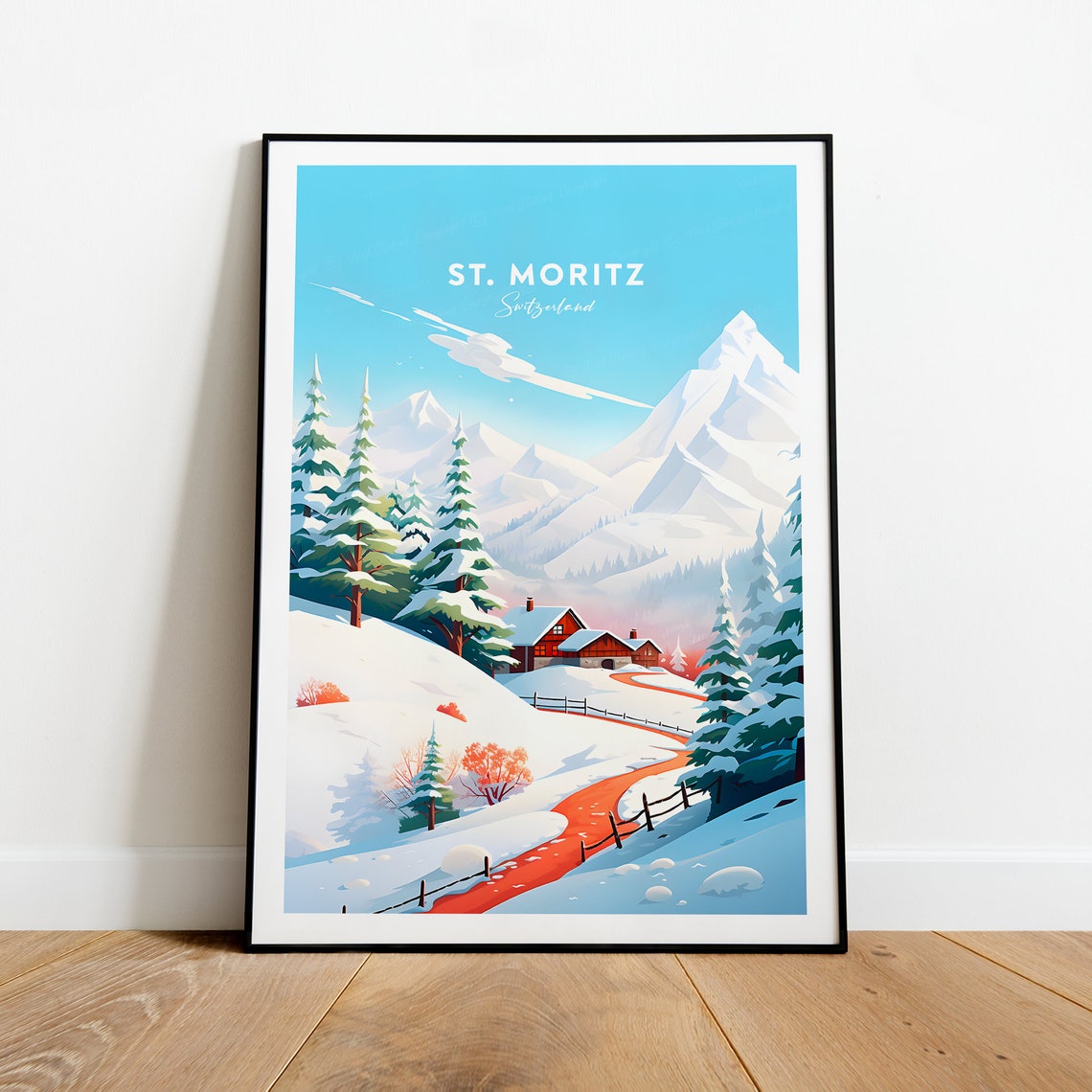 St. Moritz Switzerland Snowy Chalet Winding Path Travel Poster - Image 2