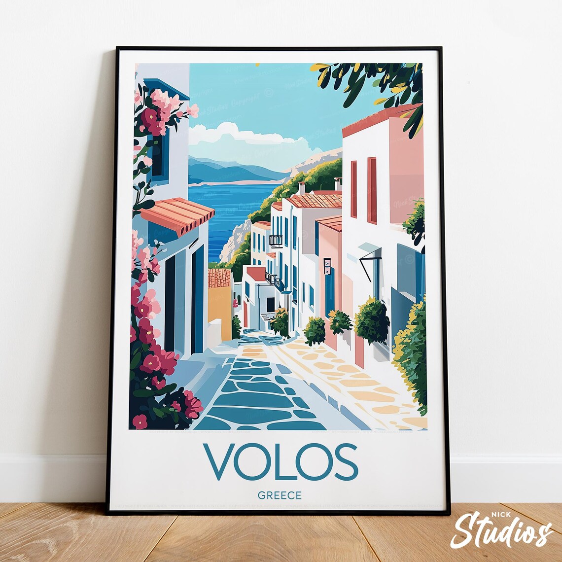 Volos Greece Seaside Village Street Vintage Travel Poster Art