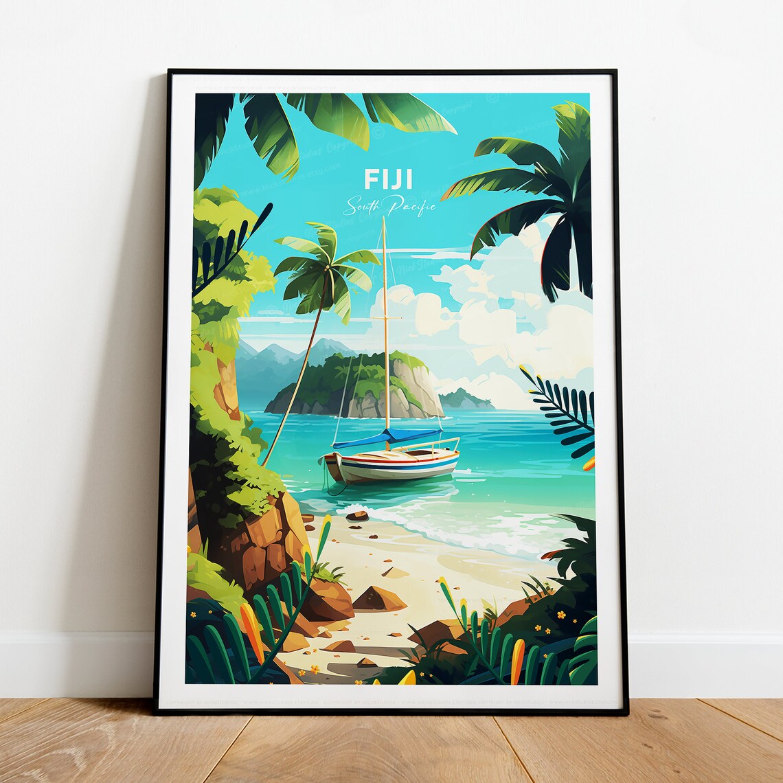 Fiji South Pacific Sailboat Turquoise Cove Palms Travel Poster