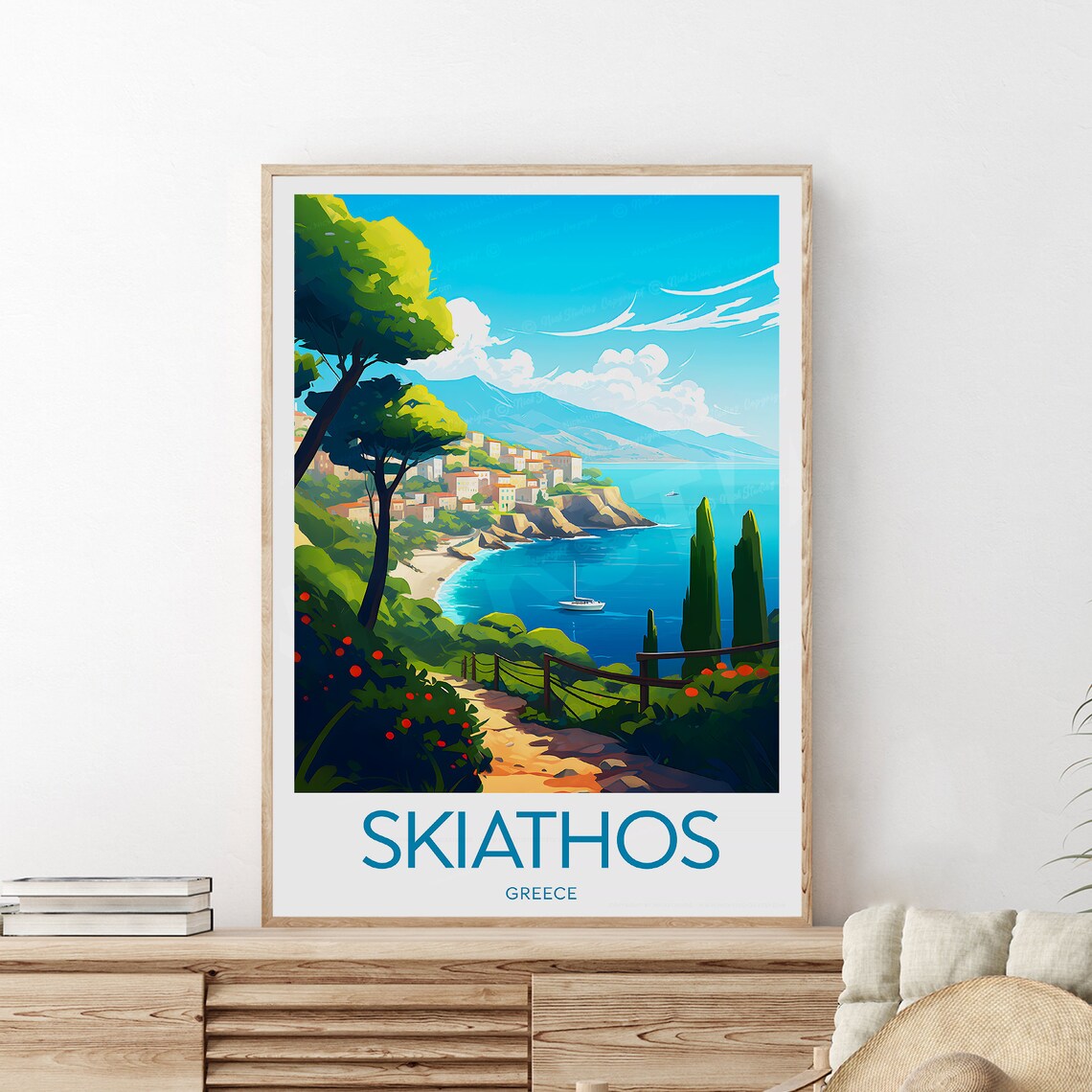 Skiathos Greece Aegean Beach Bay Sailboat Cypress Coast Travel Poster