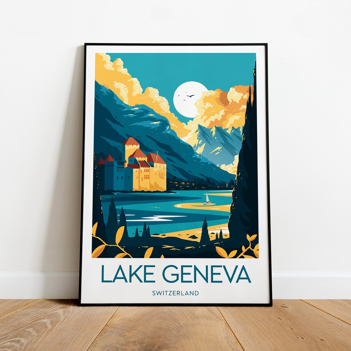 Lake Geneva Switzerland Lakeside Castle Alpine Sailboat Travel Poster
