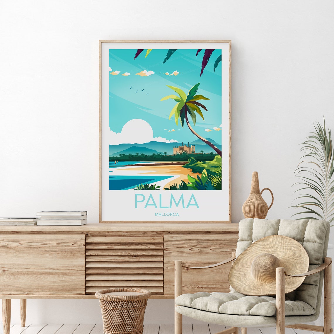 Palma Mallorca Tropical Beach Palm Trees Distant Castle Travel Poster