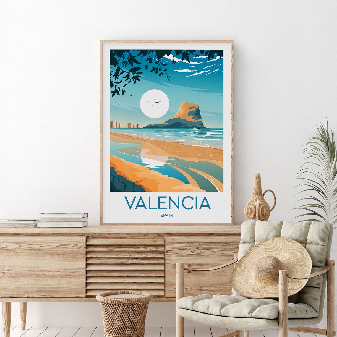 Valencia Spain Sunlit Beach and City Skyline Vintage Travel Poster
