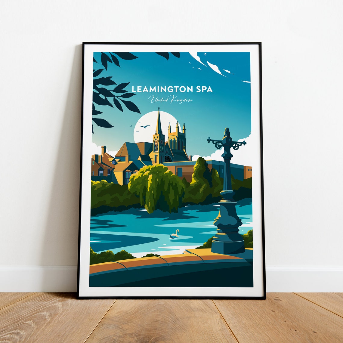 Leamington Spa England Church Riverside Swan Daytime Travel Poster