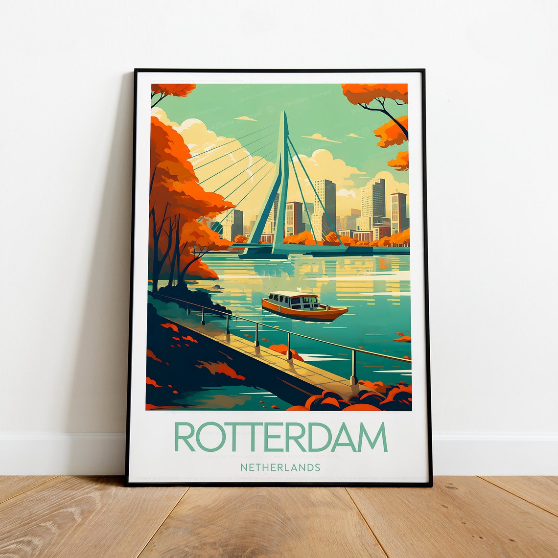 Rotterdam Netherlands Erasmus Bridge Skyline Autumn Riverside Poster - Image 2