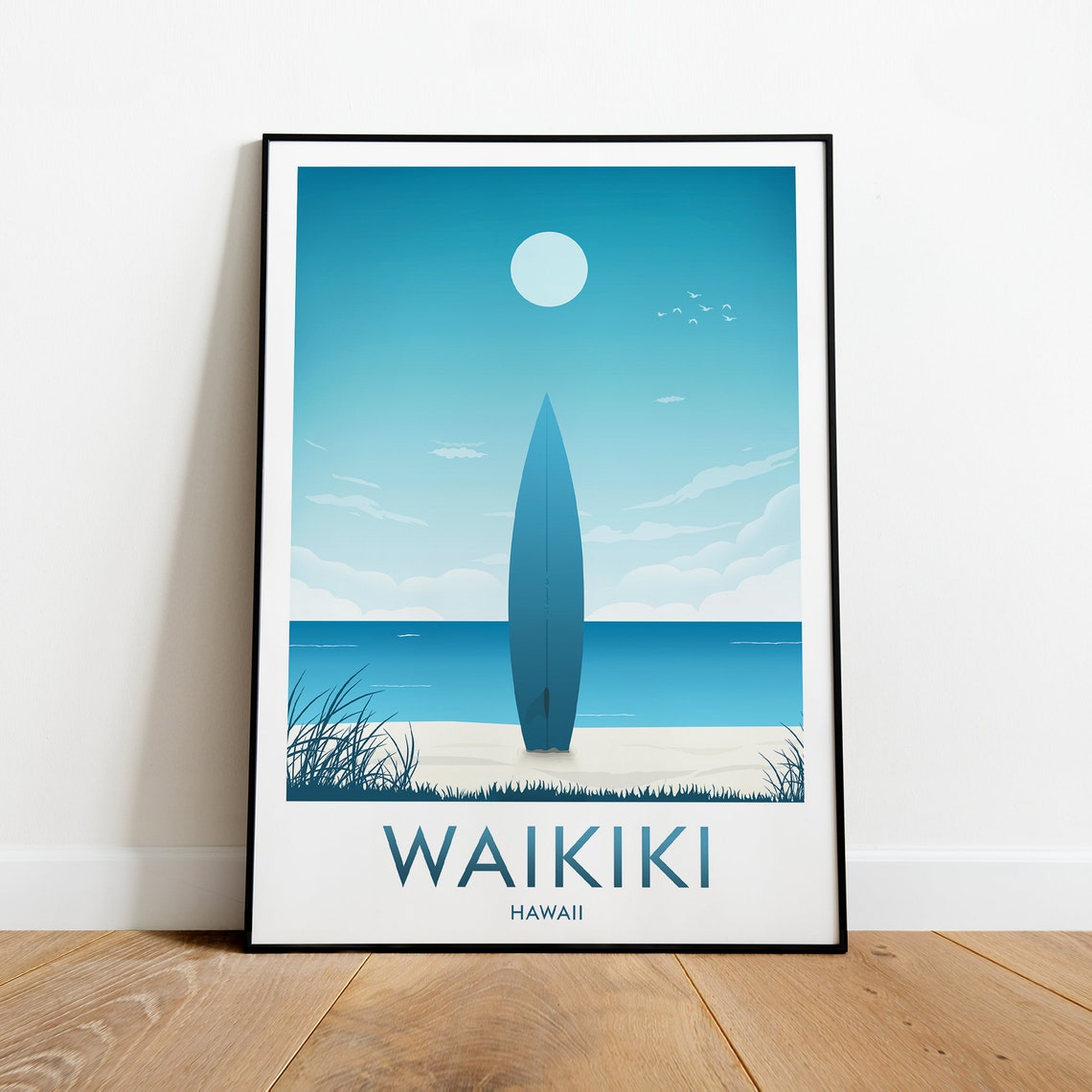 Waikiki Hawaii Minimal Surfboard On Sandy Beach Travel Poster - Image 2