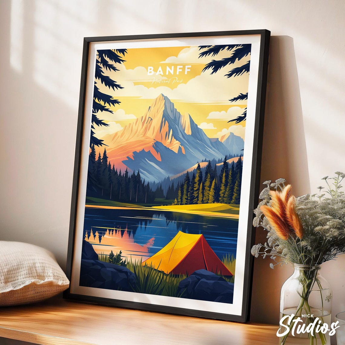 Banff National Park Mountain Lake Sunset Camp Tent Retro Poster