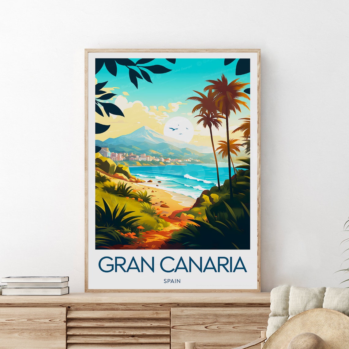 Gran Canaria Beach Palms Mountain View Canary Islands Poster - Image 2