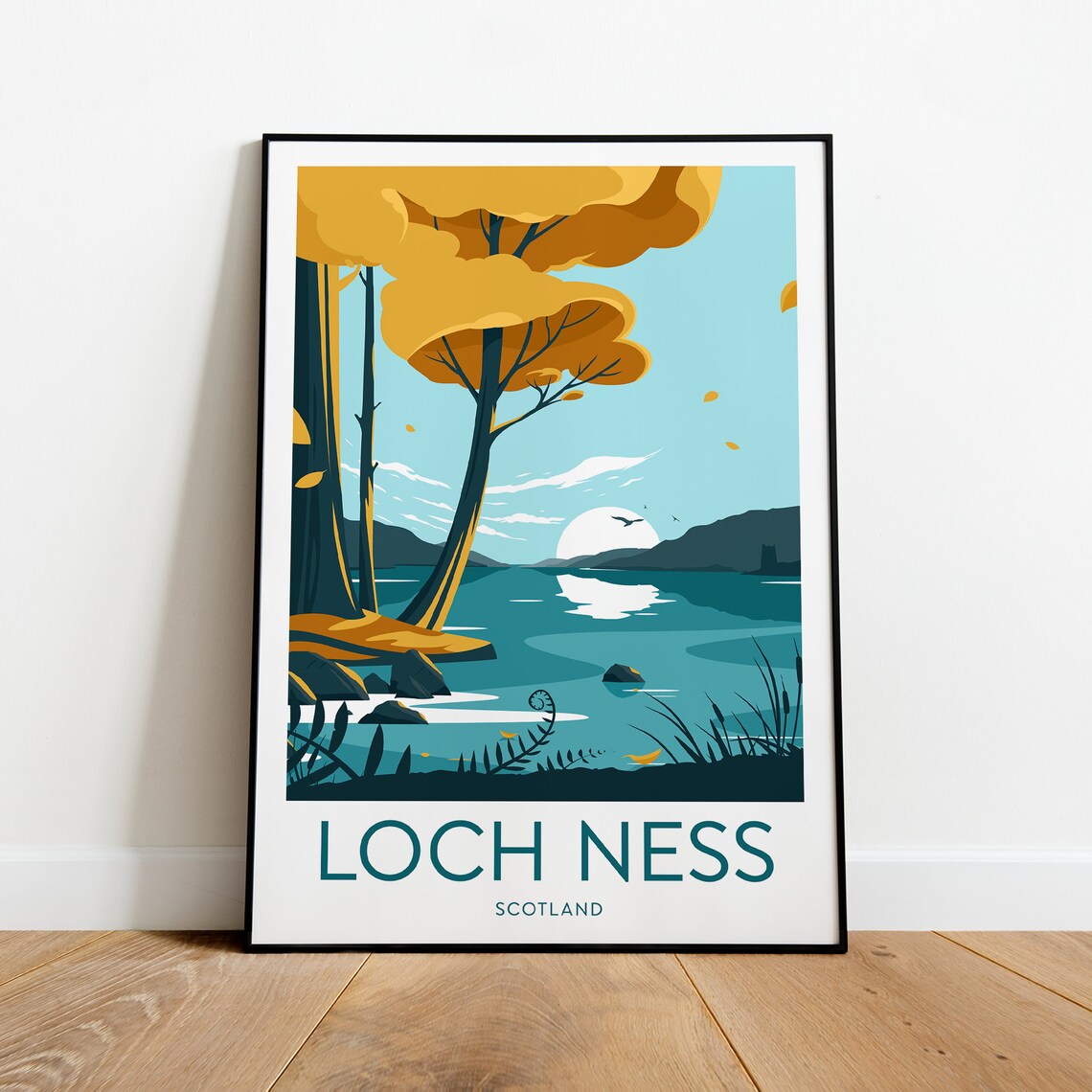 Loch Ness Scotland Lake Autumn Trees Misty Calm Water View Poster