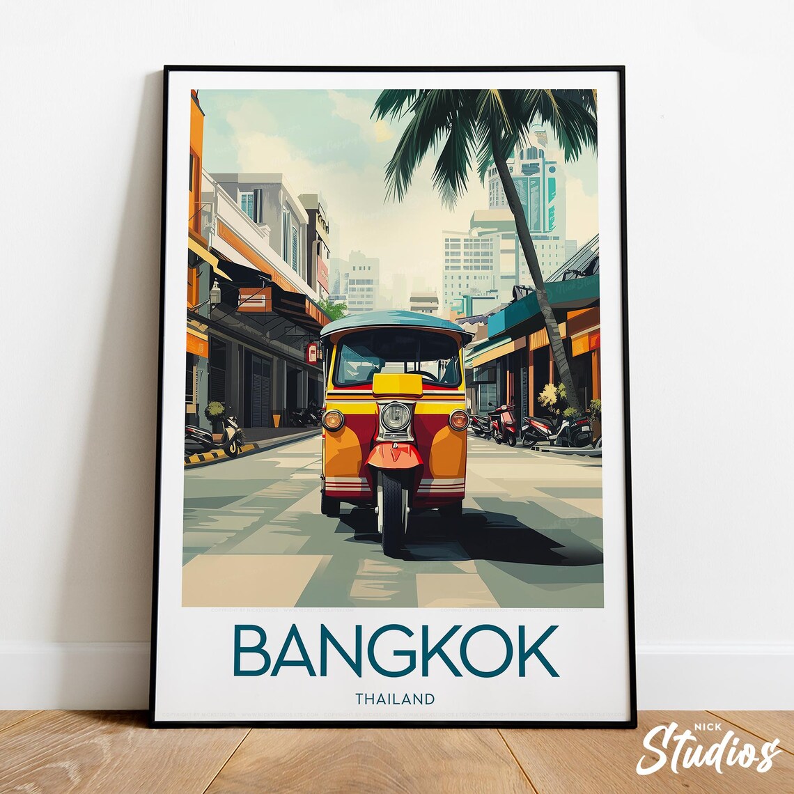 Bangkok Thailand Retro Tuk Tuk City Street Scene Travel Poster