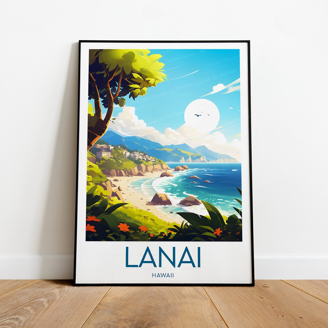 Lanai Hawaii Coastal Overlook White Border Caption Travel Poster - Image 2