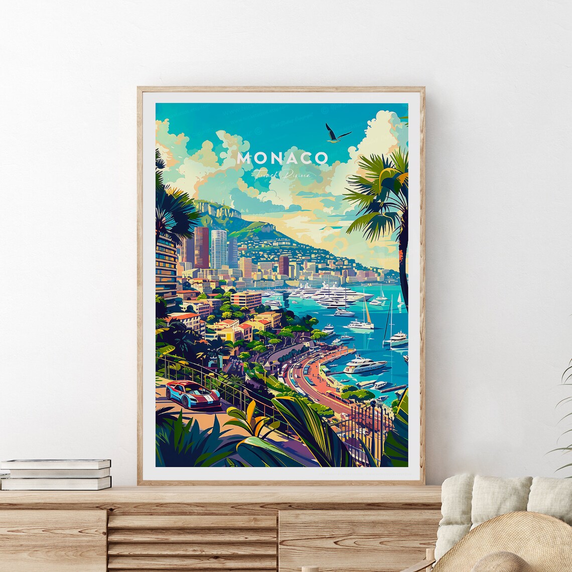 Luxury Monaco Monte Carlo Harbor Yachts and Riviera Sports Car Poster - Image 2