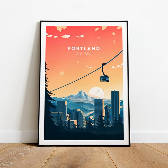 Portland Oregon Skyline Aerial Tram Mountain Sunset Travel Poster