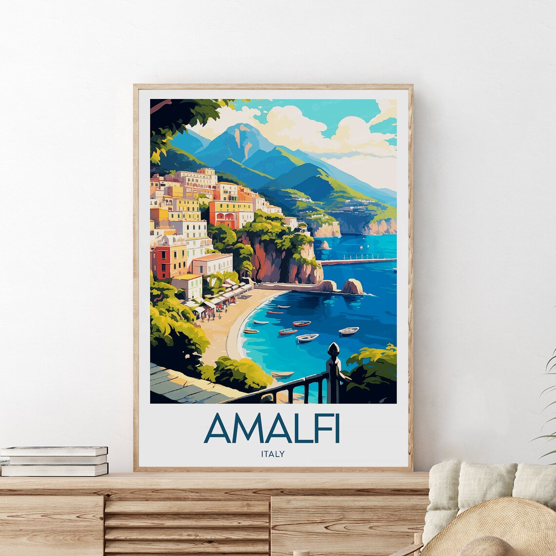 Amalfi Italy Coastal Village Bay Boats Cliffside Travel Poster