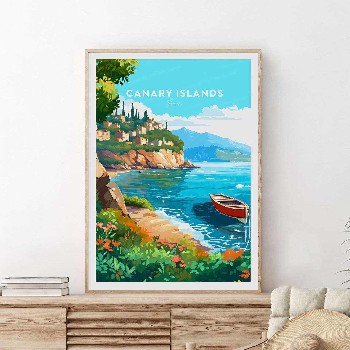 Canary Islands Spain Rocky Ocean Cove Village Boat Travel Poster - Image 2