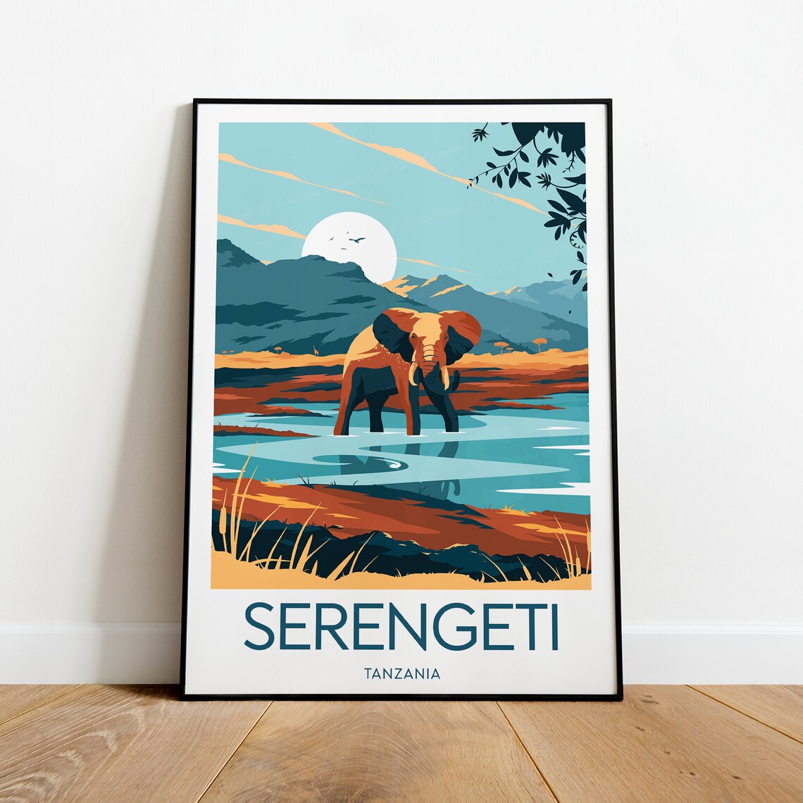 Serengeti Tanzania Elephant at the Waterhole Sunset Travel Poster