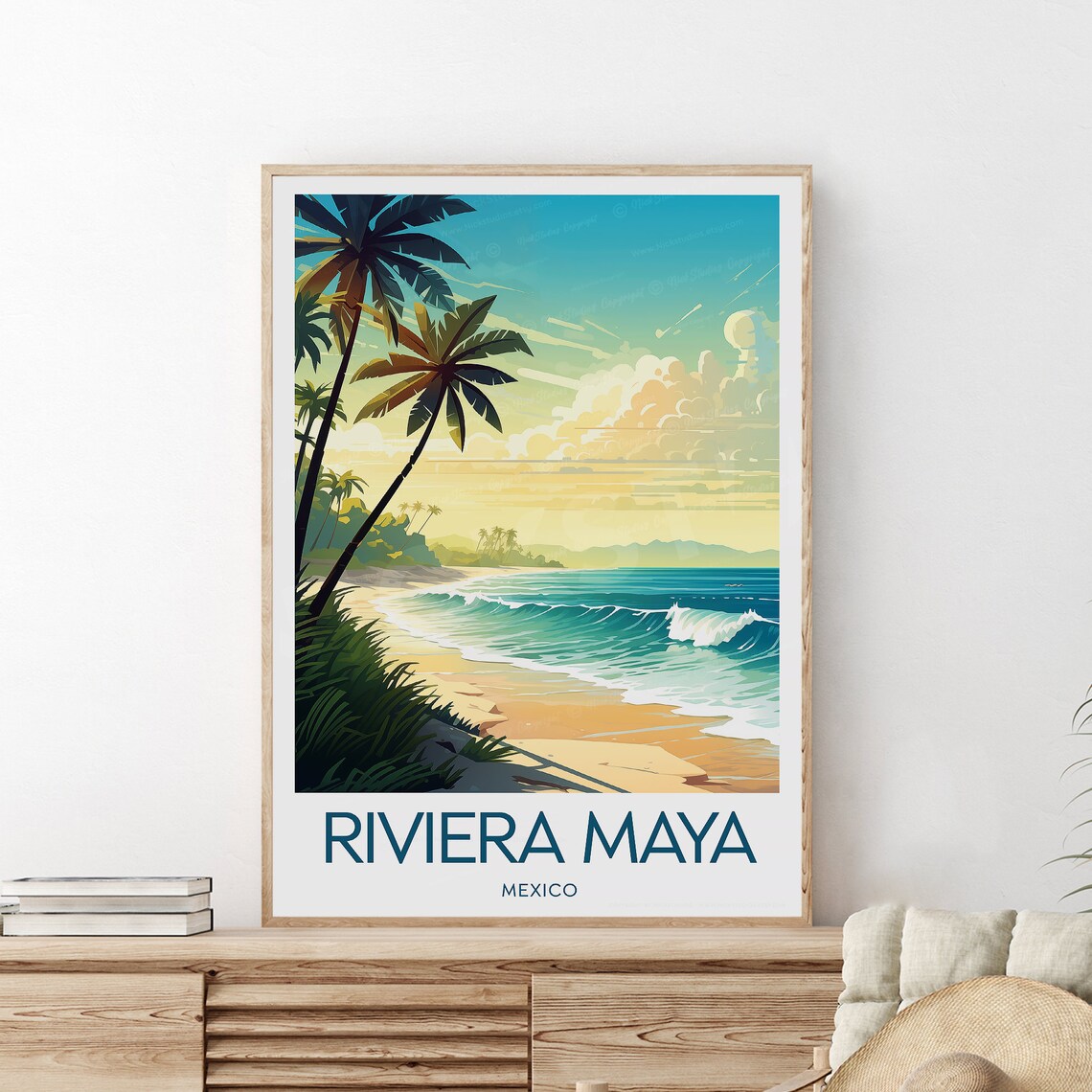 Riviera Maya Mexico Golden Sunset Palm Beach Paradise Travel Poster