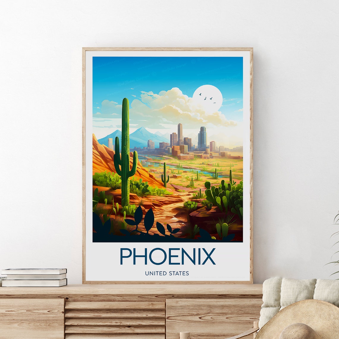 Phoenix Arizona Saguaro Cactus Desert Skyline Southwest Travel Poster