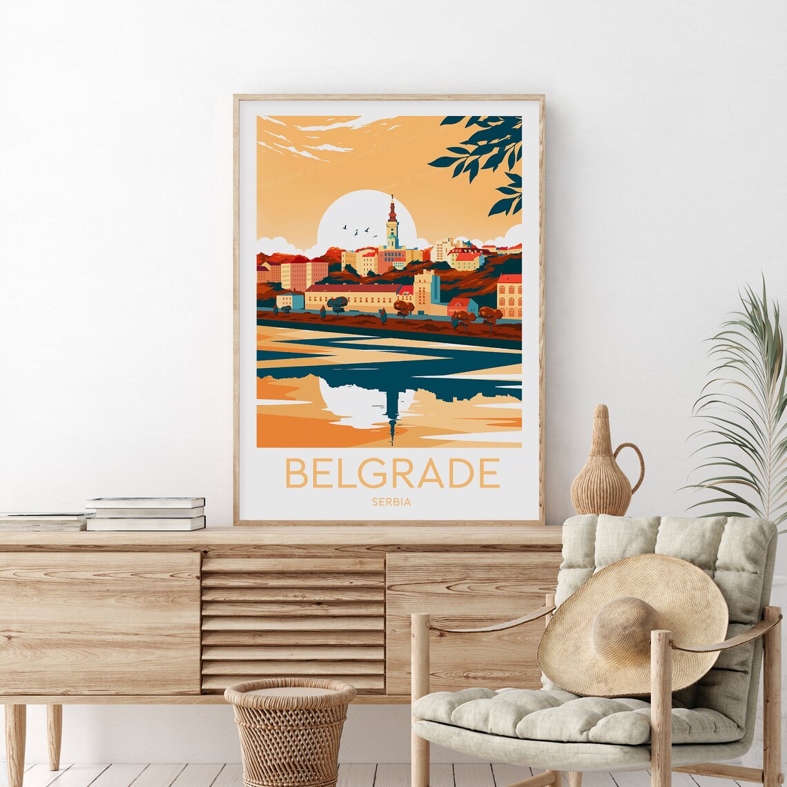 Belgrade Serbia Sunset Riverside City Skyline Travel Wall Poster