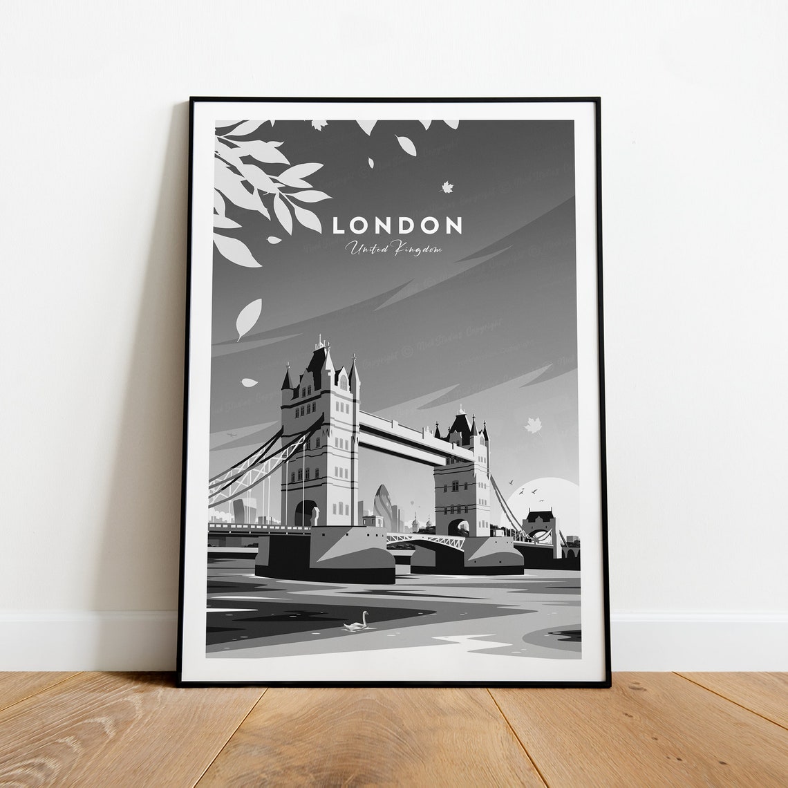 London Tower Bridge Monochrome Black and White City Travel Poster