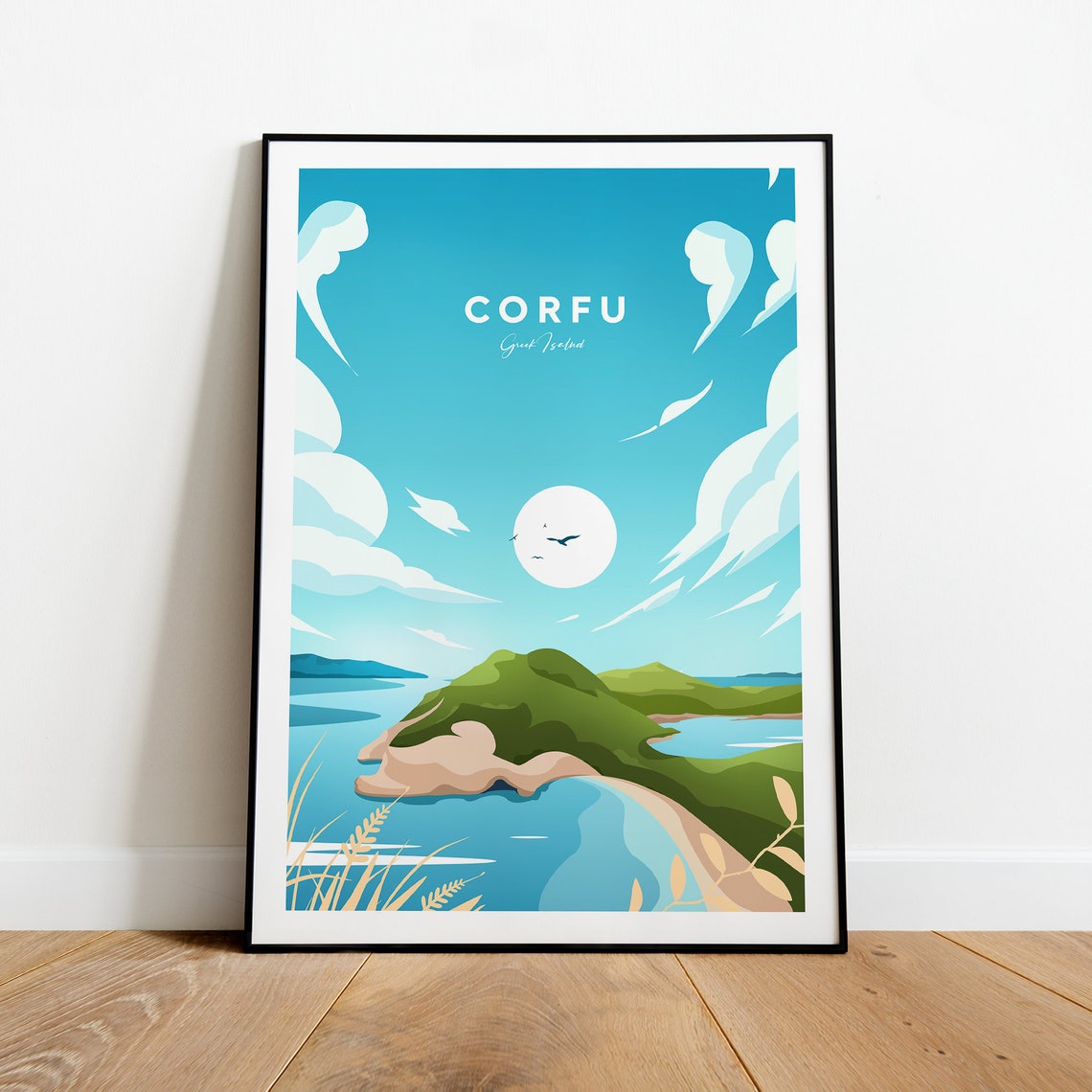 Corfu Greek Island Green Coastline and Azure Sea Travel Poster