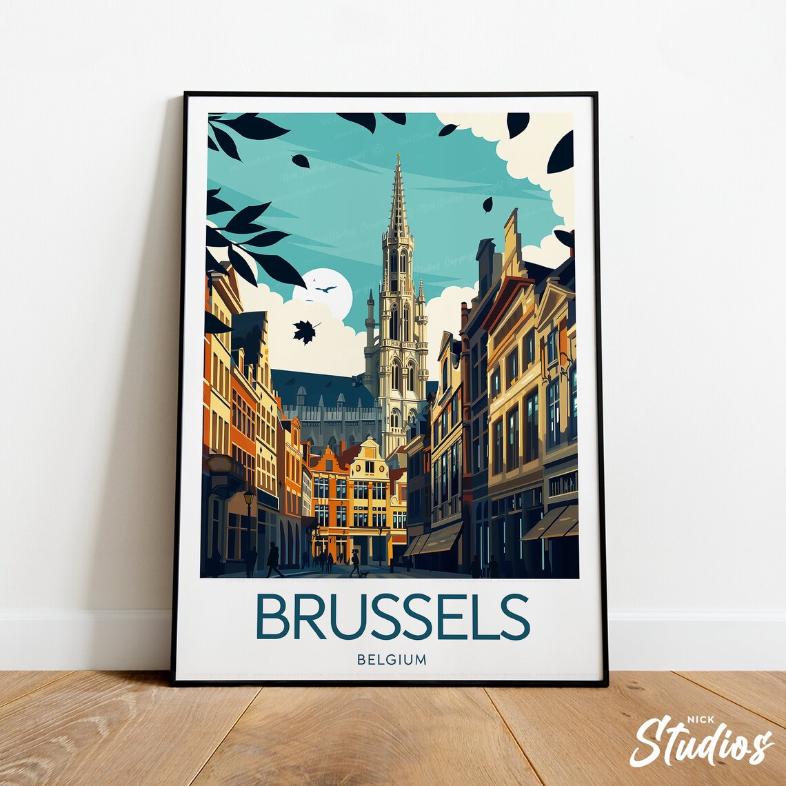 Brussels Belgium Grand Place Tower Street Sunset Travel Poster