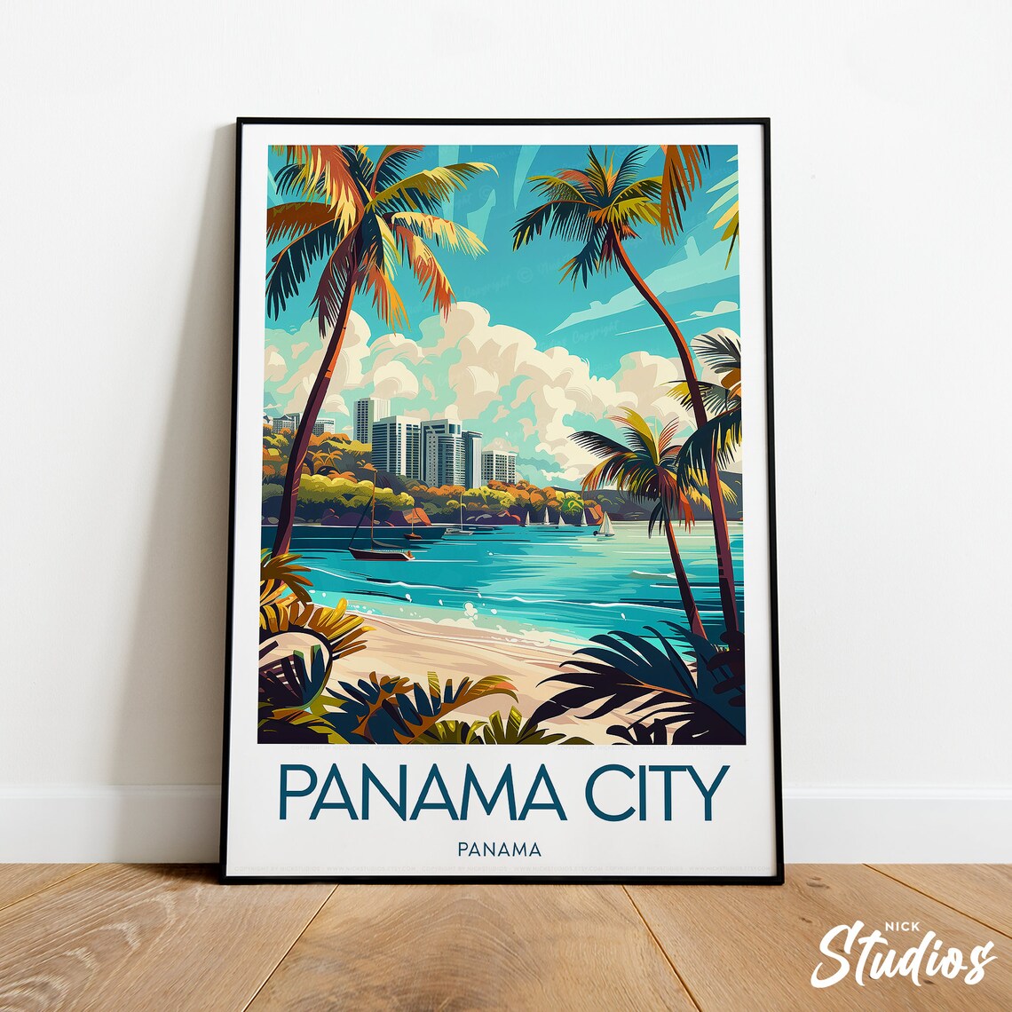 Panama City Panama Palm Beach Skyline Sailboats Coastal Vintage Travel Poster