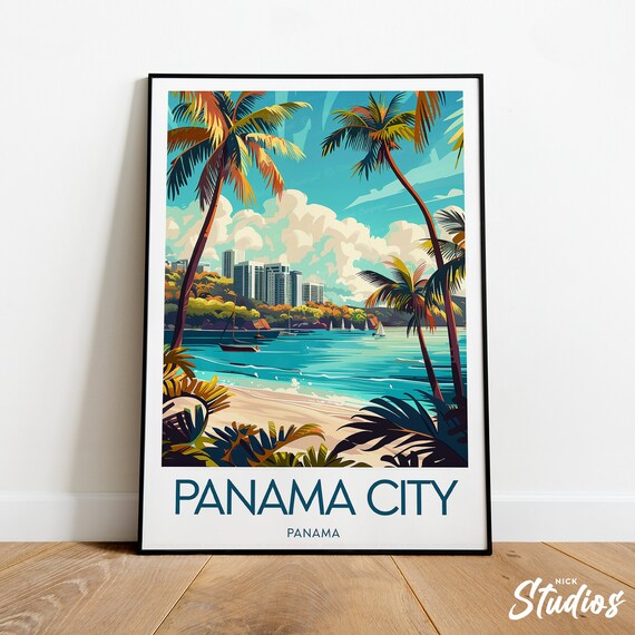 Panama City Panama Palm Beach Skyline Sailboats Coastal Vintage Travel Poster