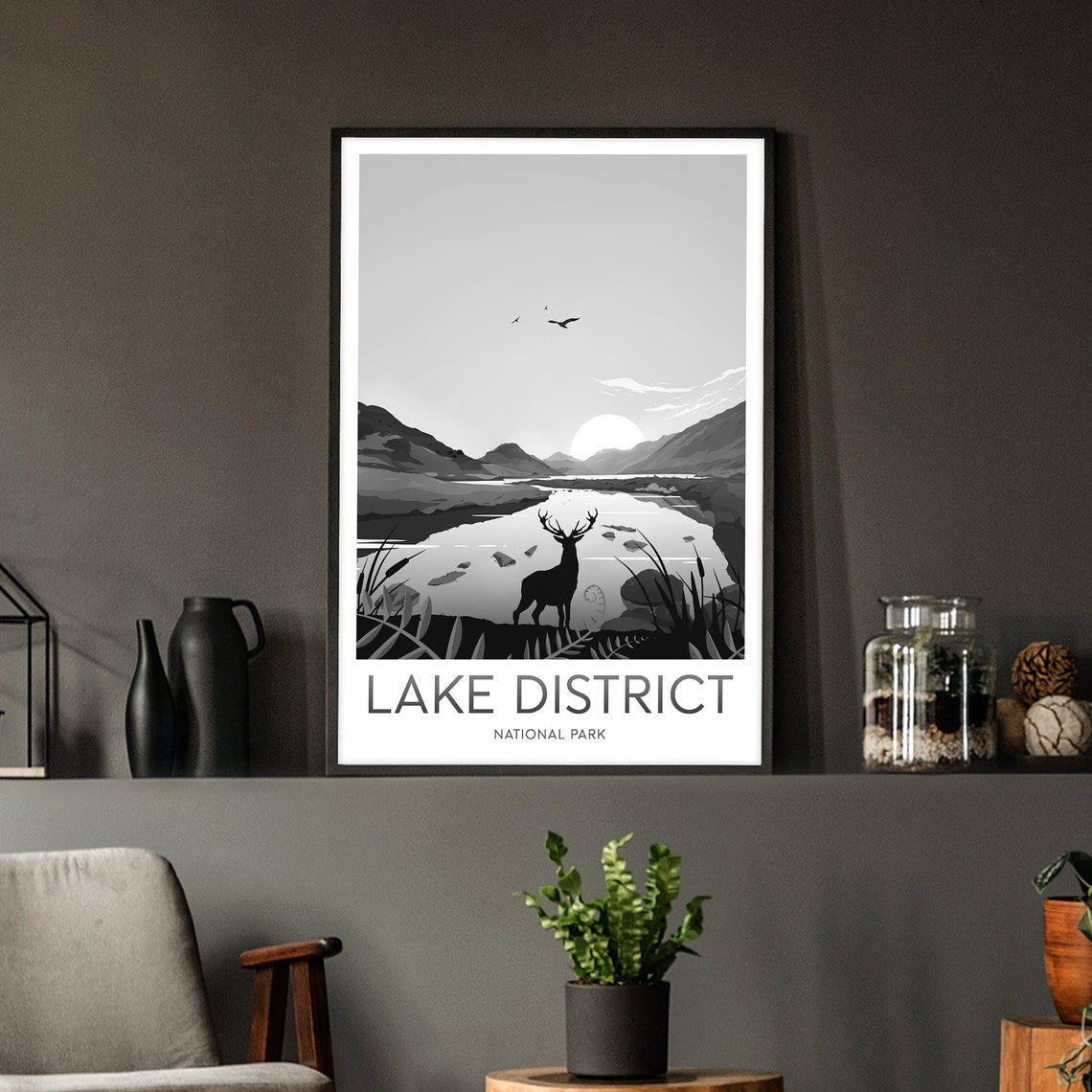 Lake District Stag Silhouette Black and White Lake Sunset Poster - Image 2