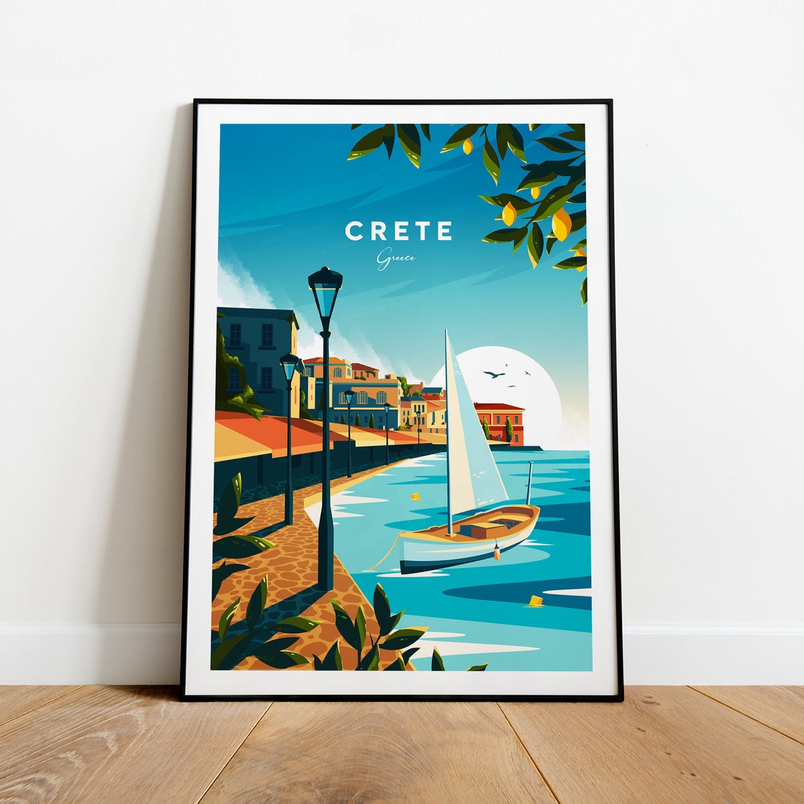 Crete Greece Chania Harbor Sailboat Waterfront Travel Poster