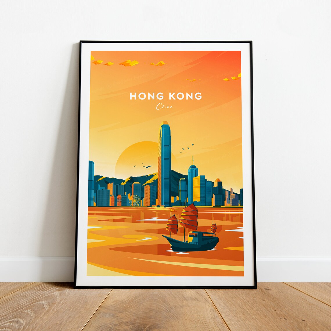 Hong Kong China Skyline Junk Boat Orange Sunset Scene Poster