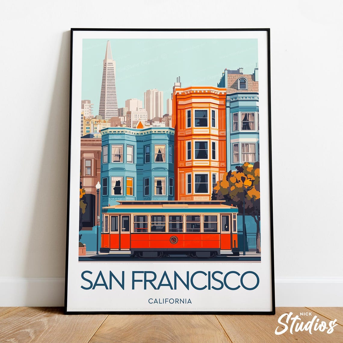 San Francisco Cable Car Victorian Row Houses California Travel Poster