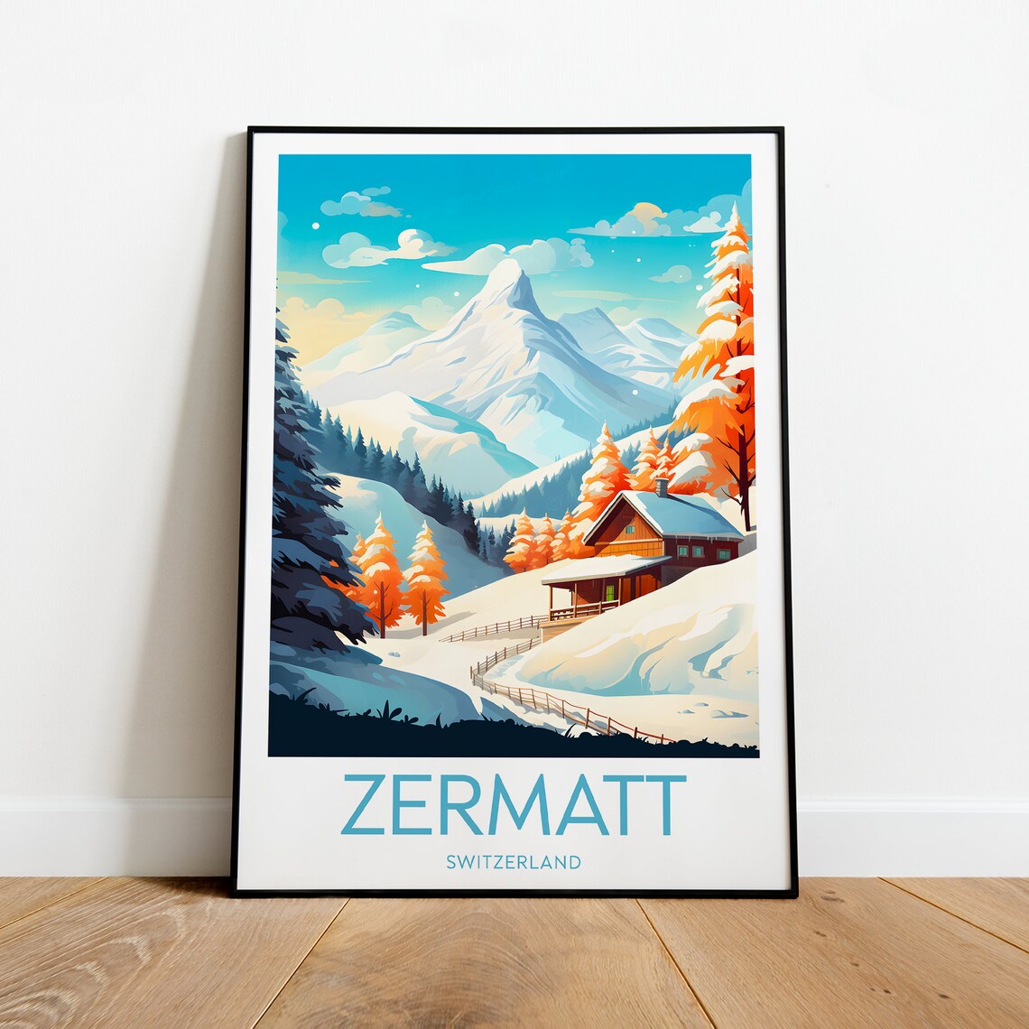 Zermatt Switzerland Matterhorn Snowy Cabin Alpine Winter Travel Poster