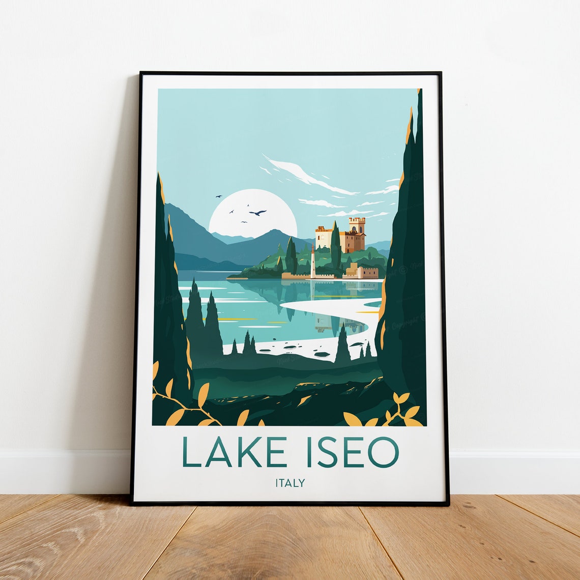 Lake Iseo Italy Moonrise Castle Cypress Trees Night Scene Poster