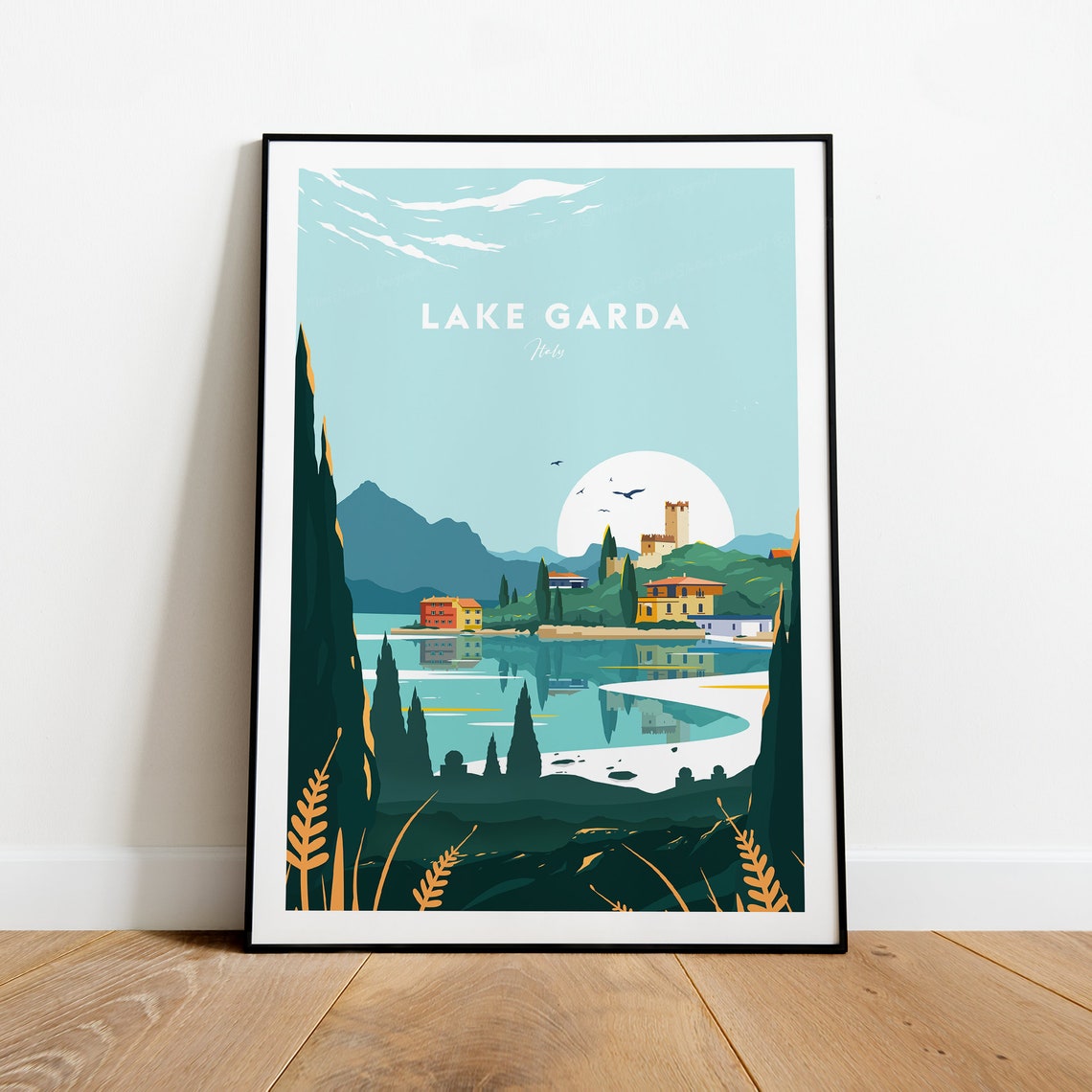 Lake Garda Italy Lakeside Villas Cypress Trees Evening Poster - Image 2