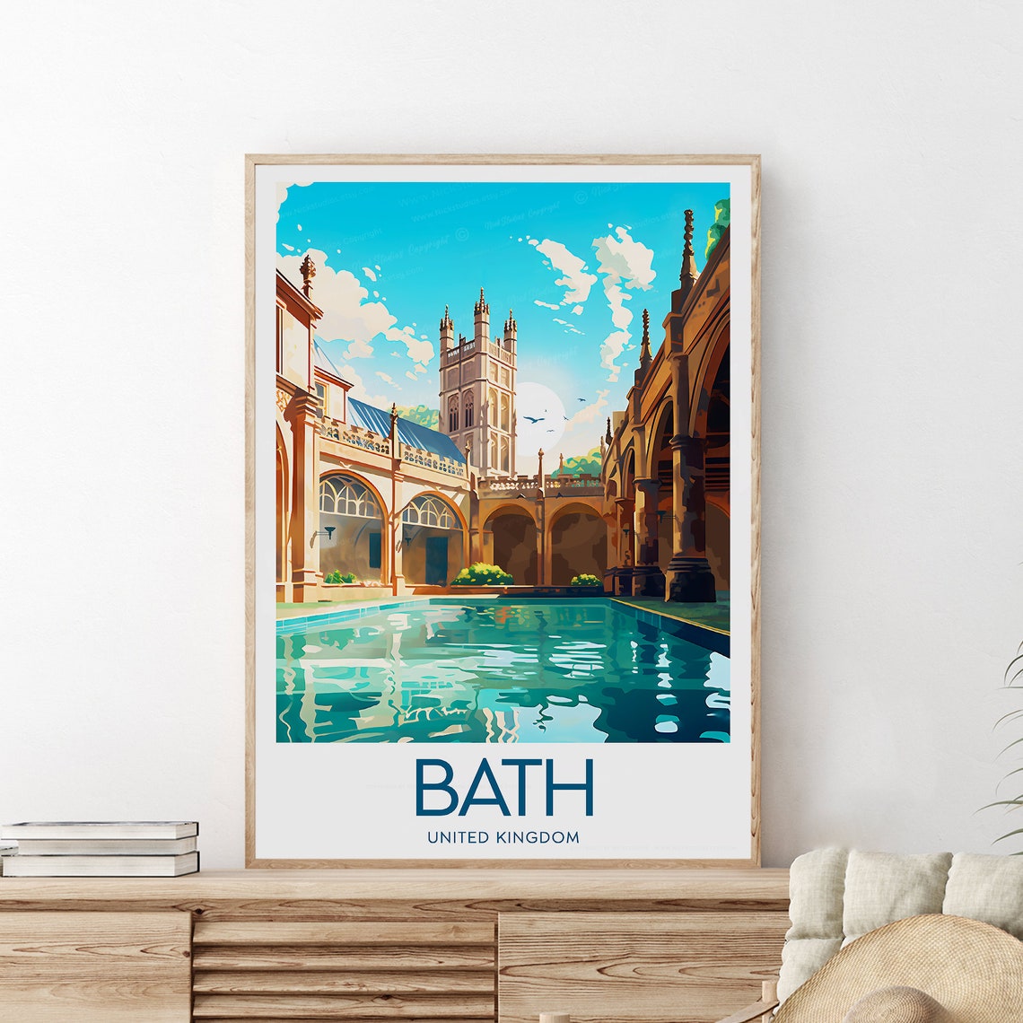 Bath Roman Baths Courtyard and Abbey Tower England Travel Poster - Image 2