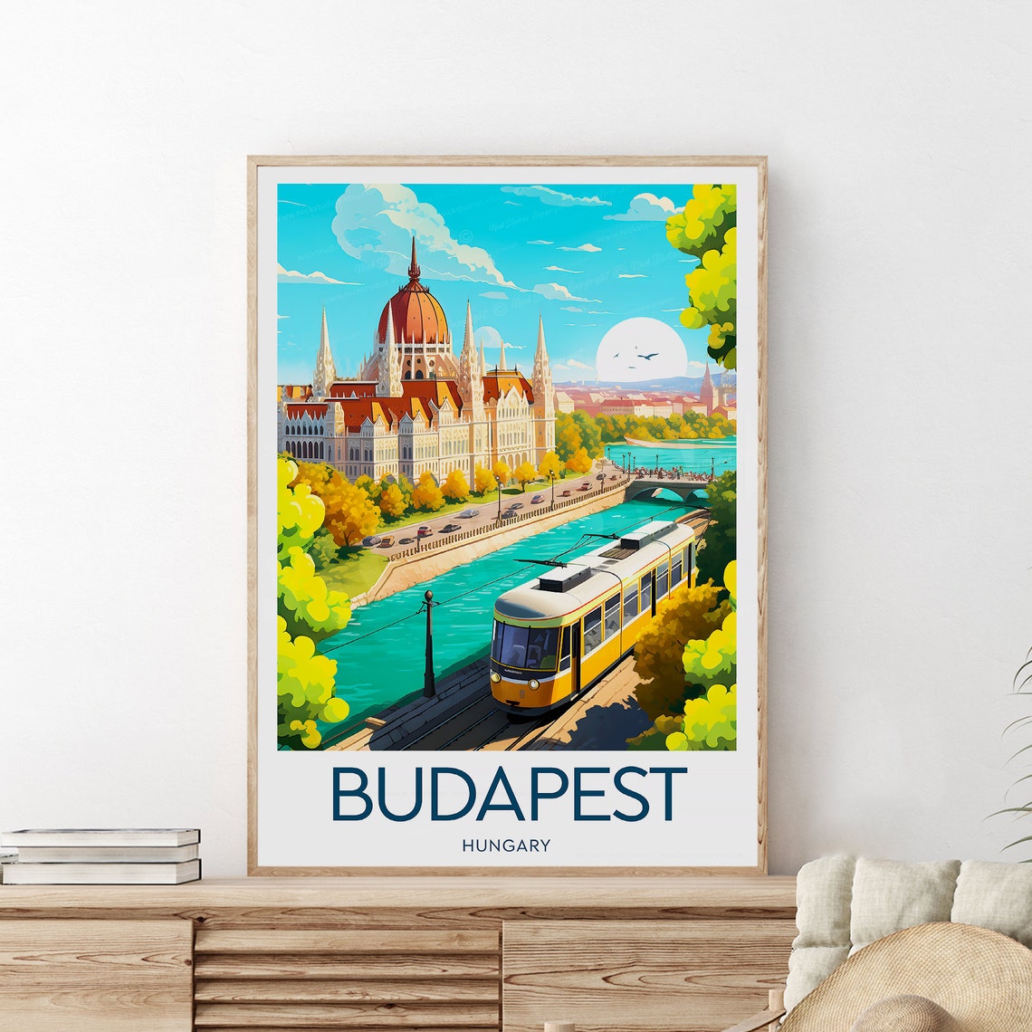 Budapest Hungary Parliament Tram Riverside Danube Scene Poster - Image 2