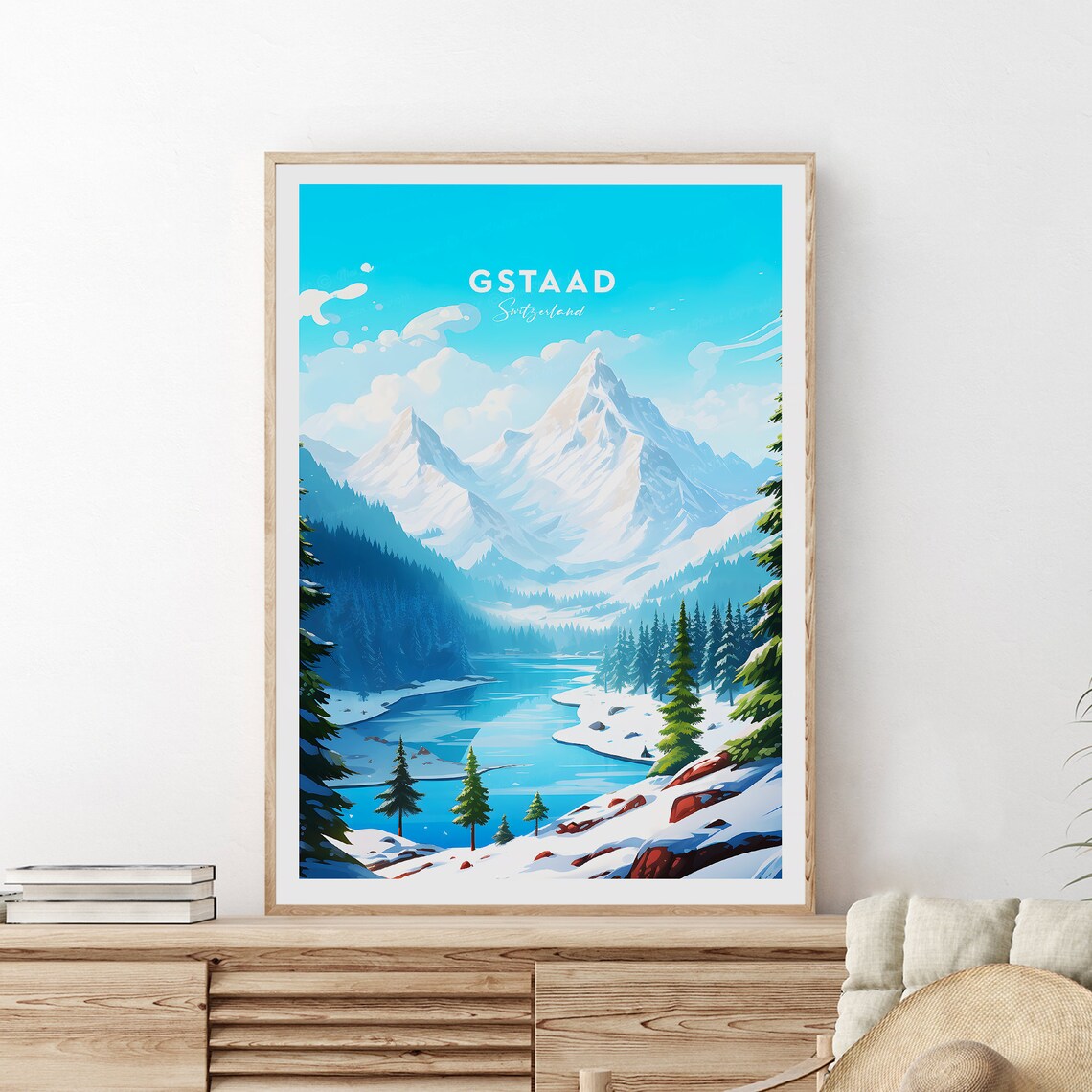 Gstaad Switzerland Snowy Alps Lake Pines Winter Scenic Travel Poster - Image 2