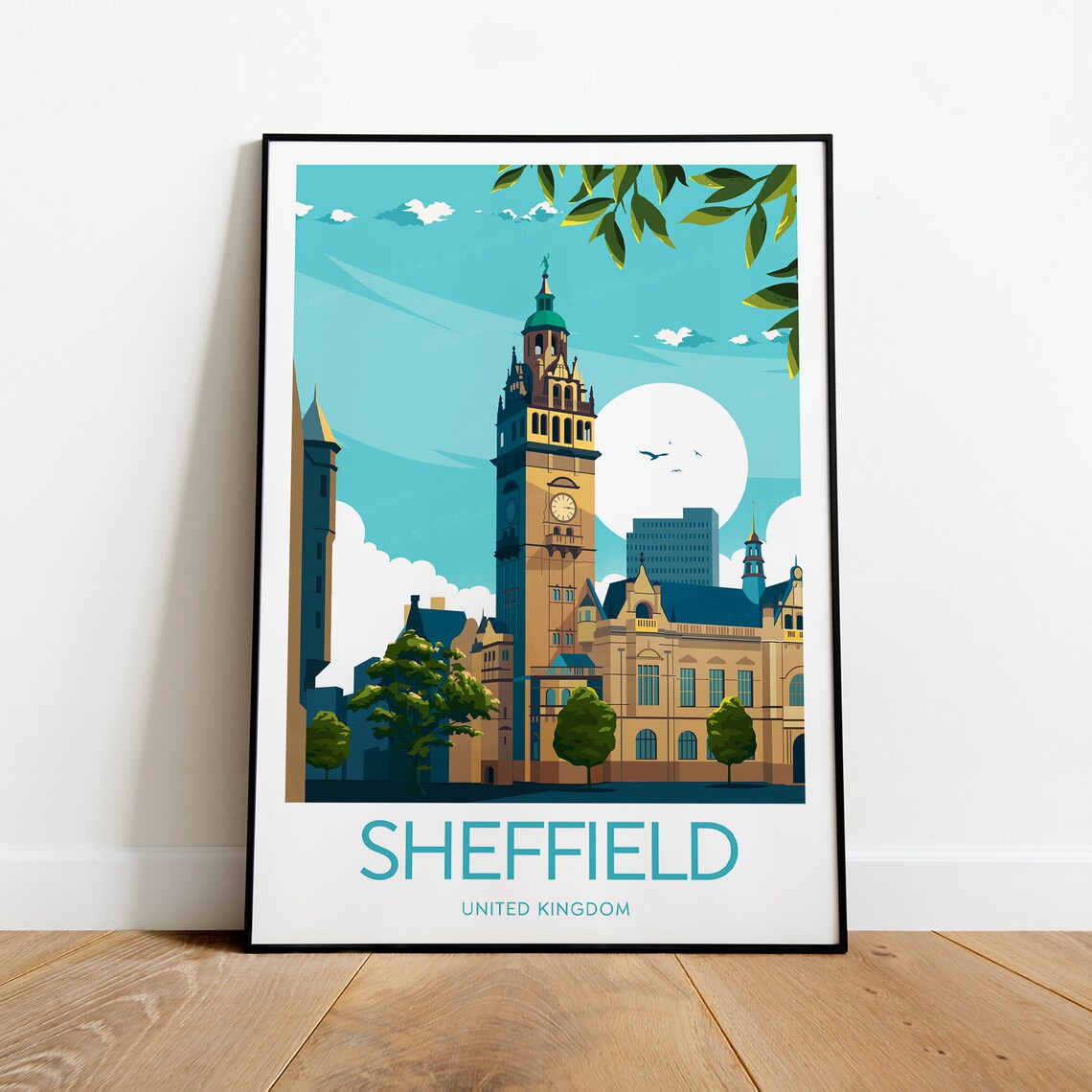 Sheffield United Kingdom Town Hall Clock Tower in Sun Poster - Image 2