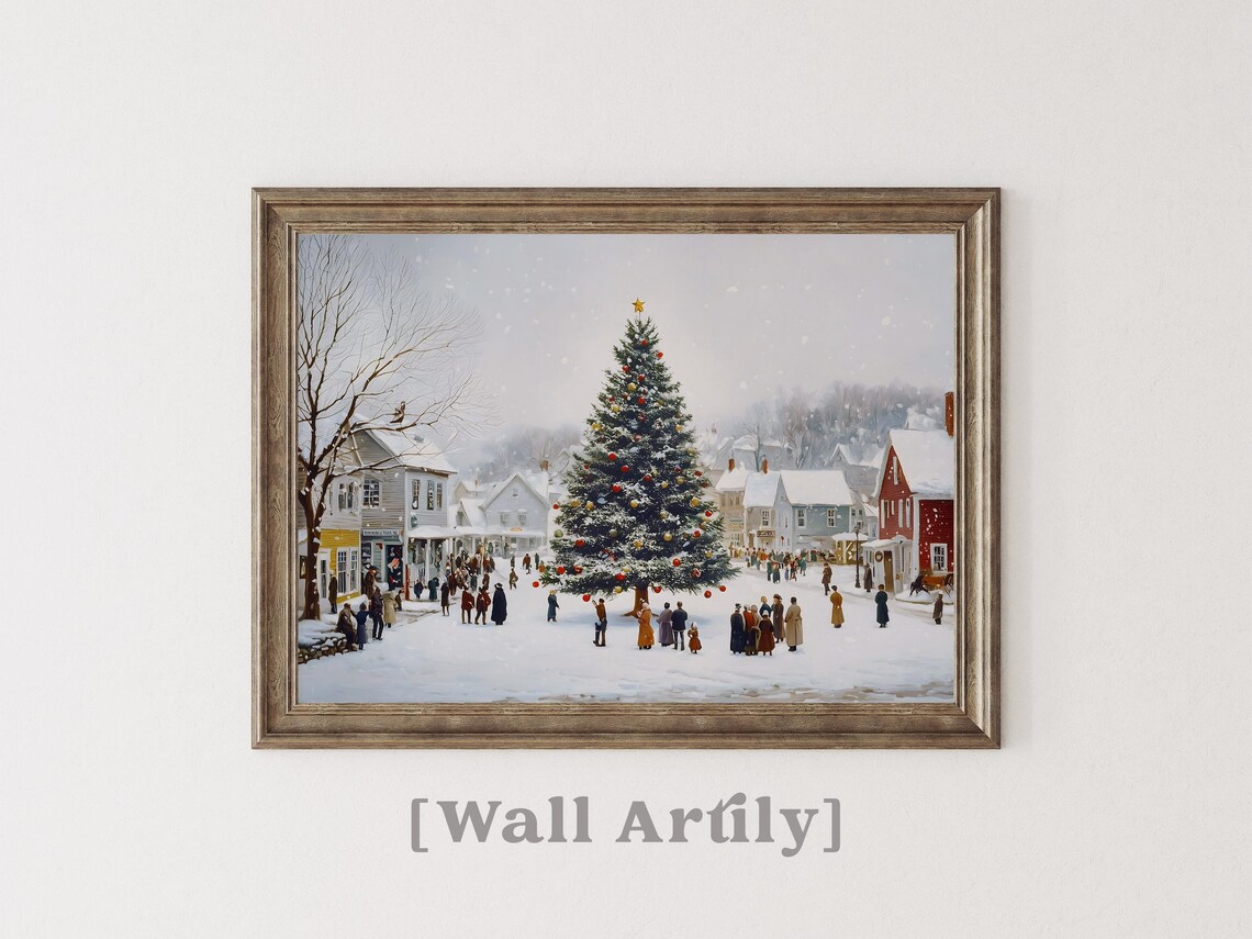 Snowy Village Square Giant Christmas Tree Vintage Holiday Poster - Image 2