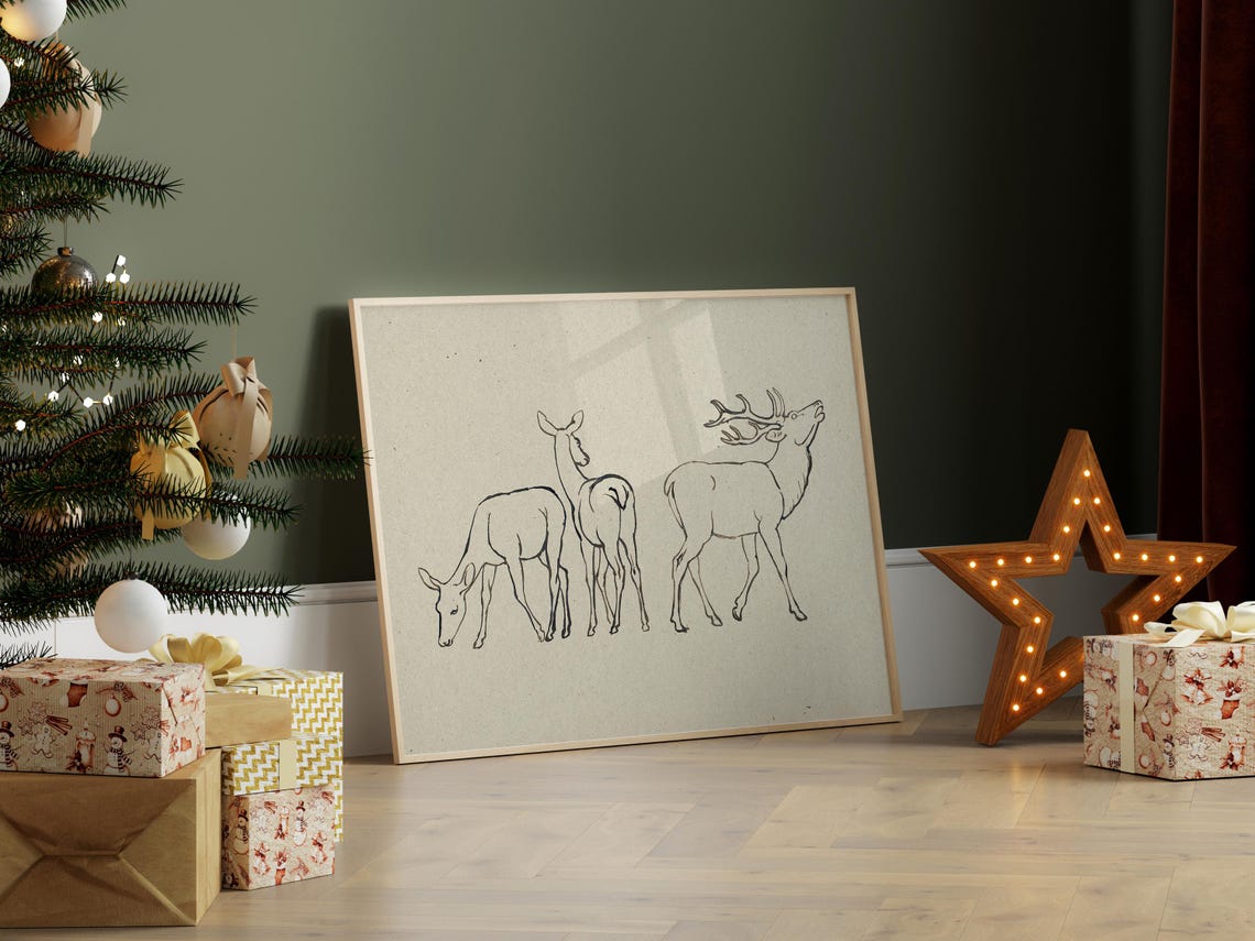 Deer Stag And Does Minimalist Line Drawing Rustic Animal Poster - Image 3