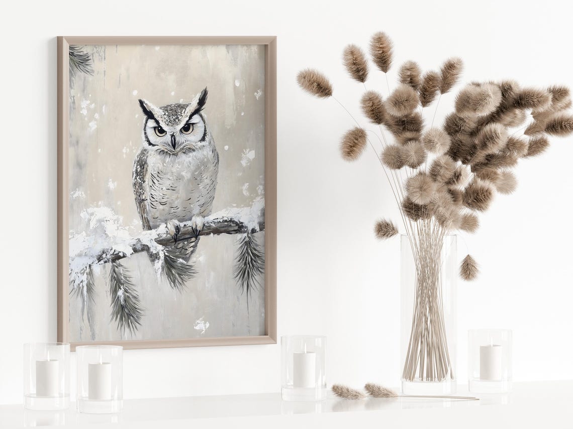 Great Horned Owl Snowy Pine Branch Winter Bird Portrait Poster - Image 2