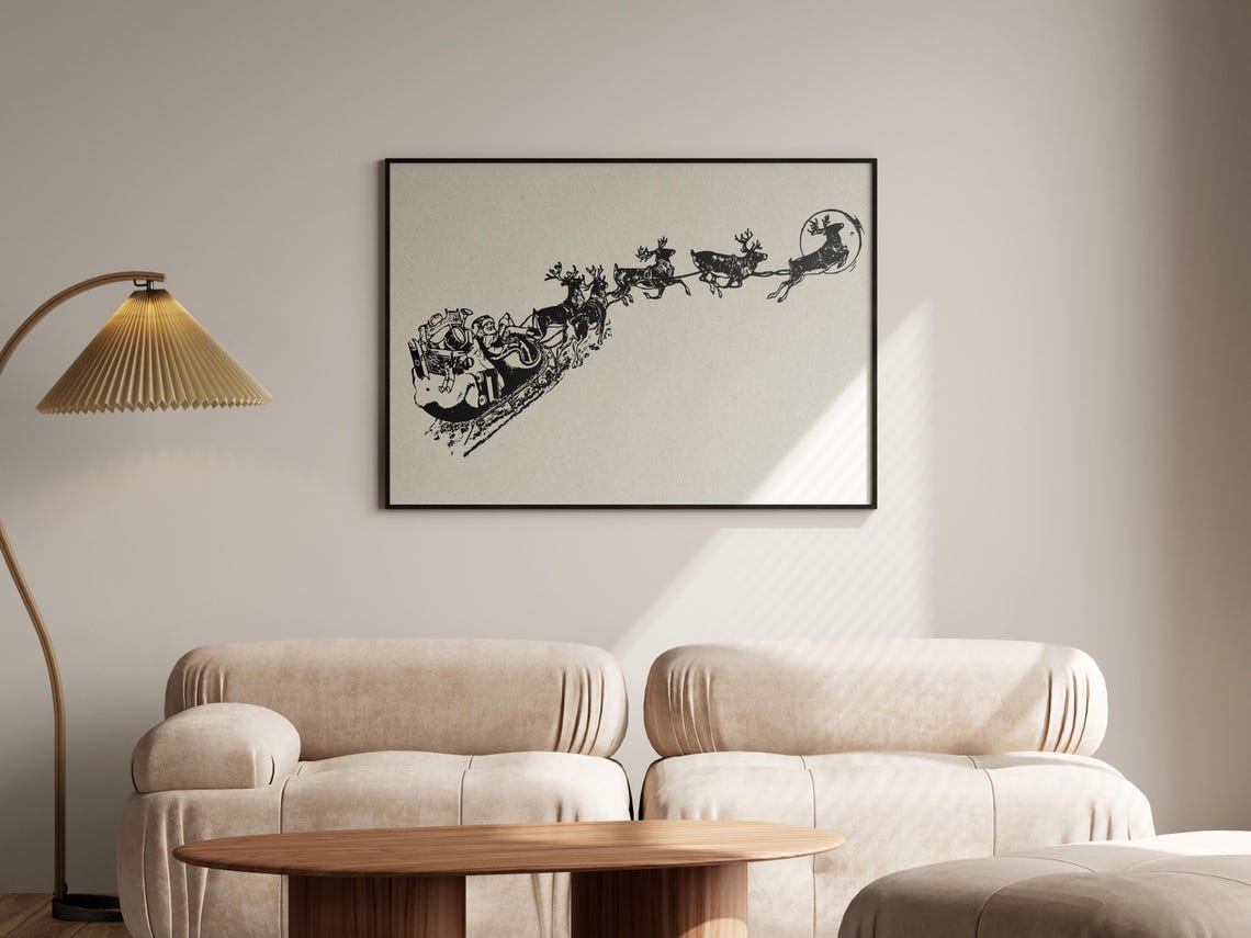 Santa Claus Flying Sleigh Reindeer Vintage Christmas Engraving Poster - Image 6