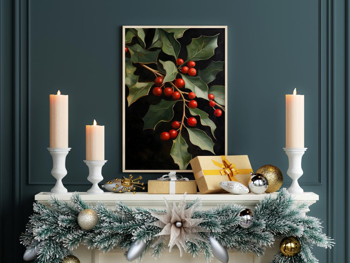 Moody Holly Branch With Red Berries On Dark Background Oil Poster - Image 7