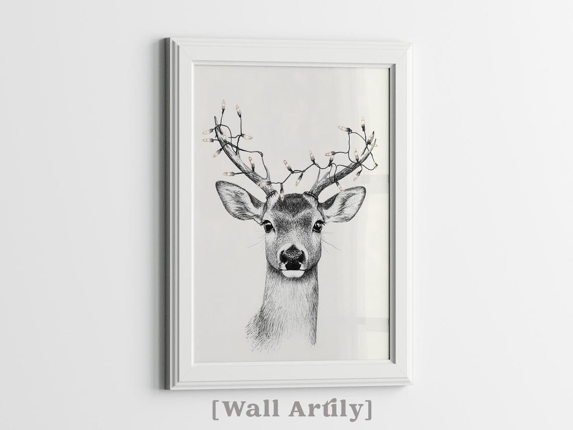 Reindeer Portrait With Fairy Lights On Antlers Ink Drawing Poster - Image 3