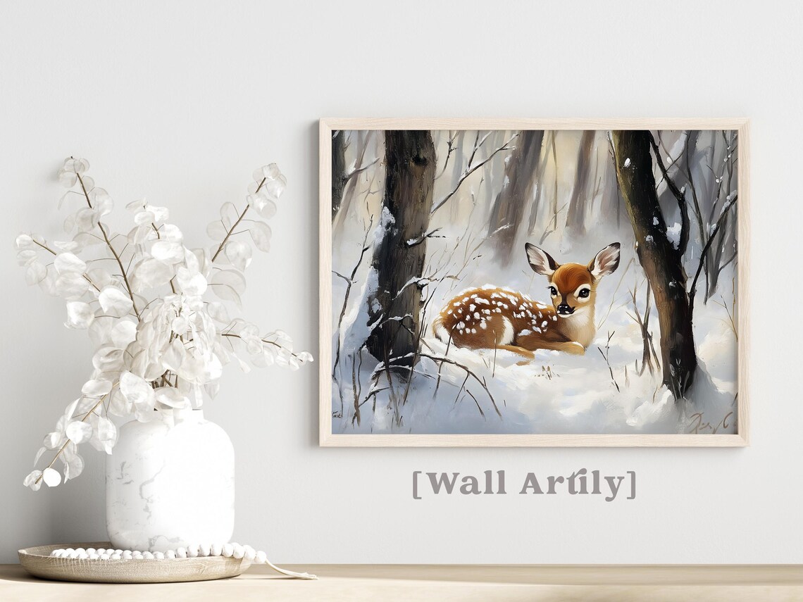 Sweet Little Fawn Resting In Snowy Woodland Winter Painting Poster - Image 5