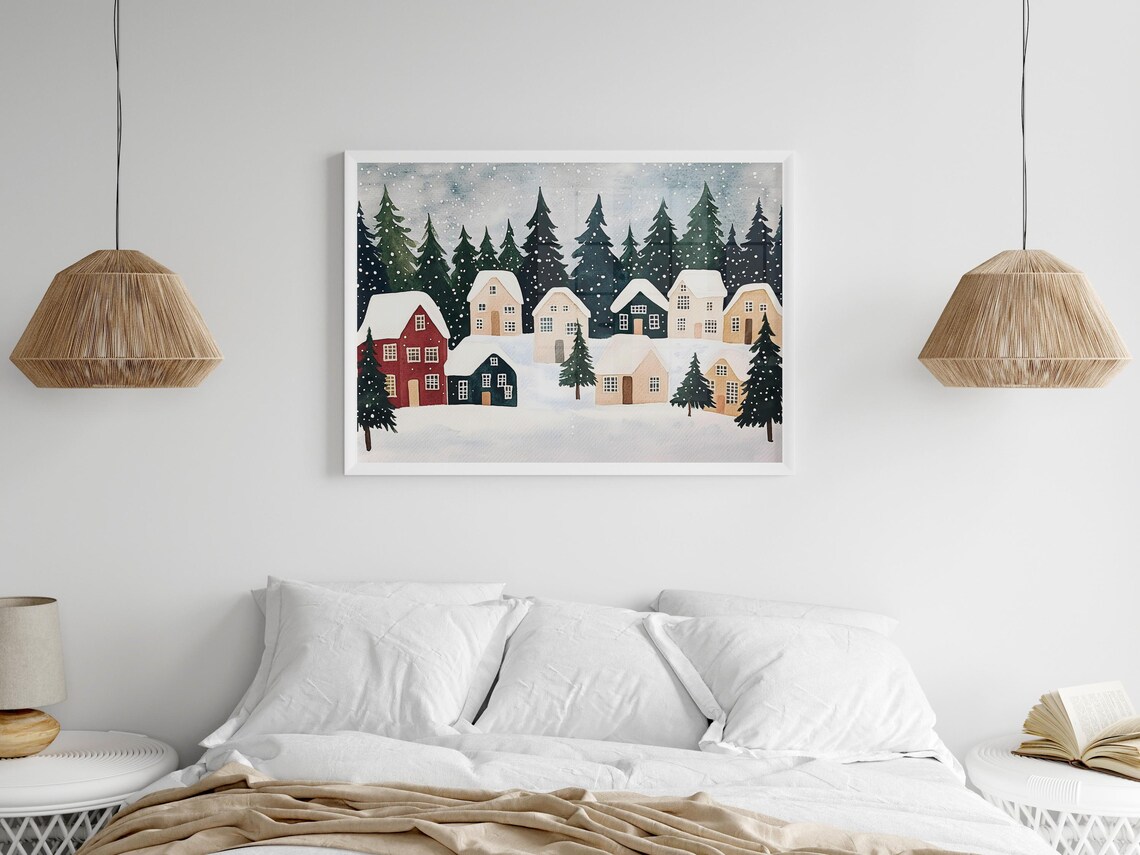 Snowy Village Winter Village Scene Holiday Art Print - Image 7