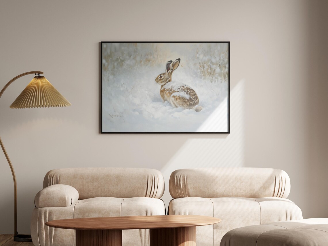 Winter Hare Portrait In Snow Close Up Wildlife Painting Poster - Image 2